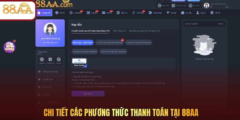 Chi tiết các phương thức thanh toán tại 88AA
